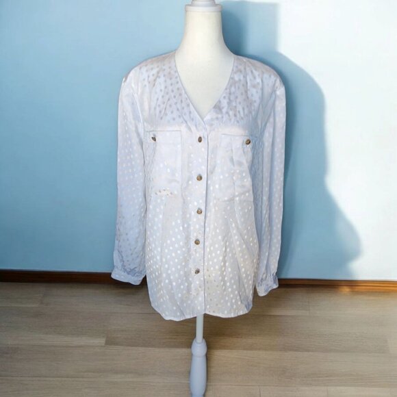 Vtg Gianna Button Up Blouse Long Sleeve White Polka Dot White with Pockets 12 - Picture 2 of 7